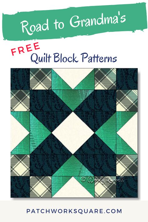 The ROAD TO GRANDMA'S quilt block is a perfect choice for a quilting teacher to introduce students to three different pieced patches -- half square triangles, flying geese and the square in a square. All in all, this nine patch design is a wonderful learning tool. 6.5 Inch Quilt Blocks Patterns, Quilt Squares Ideas, Square Within A Square Quilt Block, Lotus Quilt, 8.5 Inch Quilt Block Patterns, Uneven Nine Patch Quilt Block, Carpenter’s Square Quilt Pattern, Patchwork Squares, Quilt Star