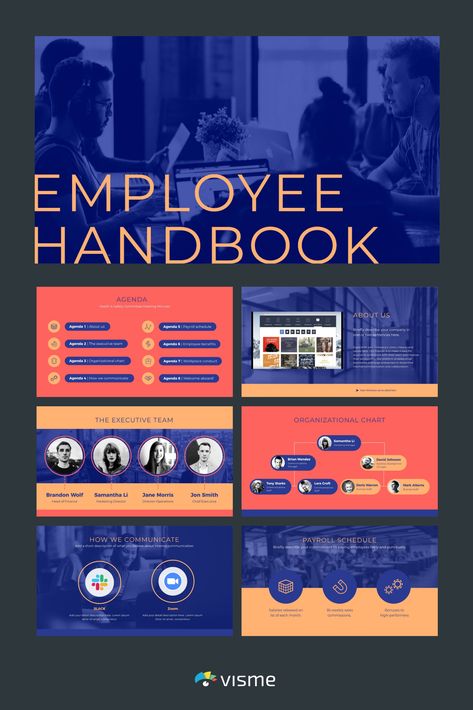 Presentation template for an Employee Handbook. This Interactive Presentation Template is easy to customize and input your content #presentations #presentationslides #presentationtemplate Employee Orientation Presentation, Employee Handbook Design Layout, Orientation Presentation, Employee Handbook Design, Handbook Design, Employee Handbook Template, Module Design, Company Presentation, Employee Onboarding