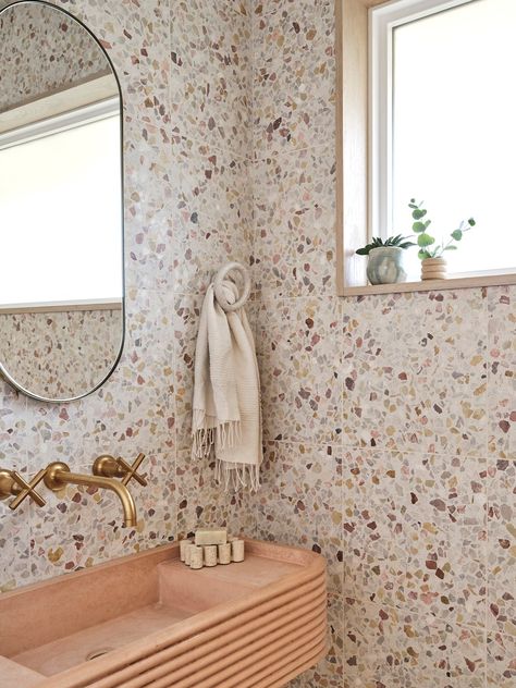 Pink Terrazzo Bathroom, Jessica Hansen, Roly Poly Chair, Concrete Collaborative, Terrazzo Bathroom, Pink Terrazzo, 1960s House, Aesthetic Bathroom, U Shaped Kitchen