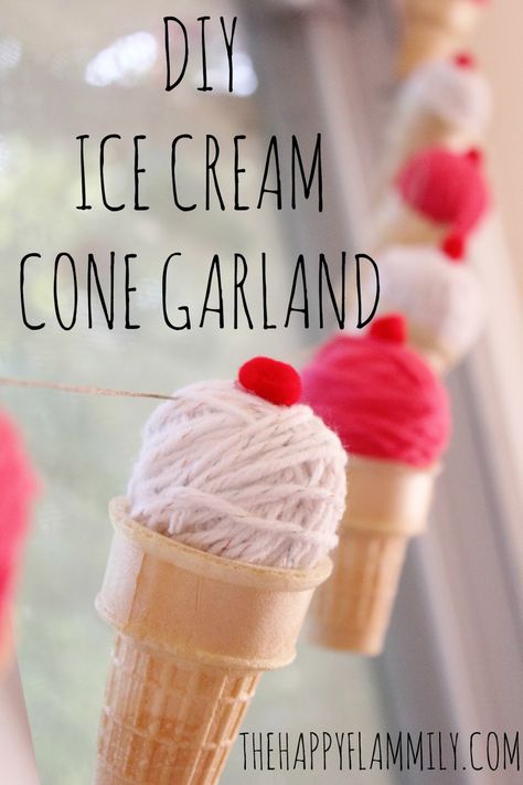 Ice Cream Cone Garland | Cute idea! Ice Cream Cone Decorations Diy, Ice Cream Birthday Party Decorations Diy, Ice Cream Garland Diy, Diy Giant Ice Cream Cone, Paper Mache Ice Cream Cone, Ice Cream Garland, Faux Ice Cream Sundae, Diy Ice Cream Cone, Summer Party Diy