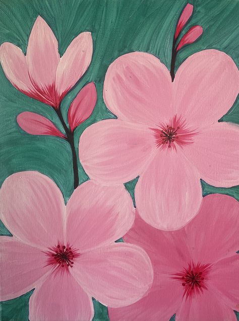 Flowers To Paint Easy, Flower Paintings Easy, Painting Ideas Flowers, Pink Acrylic Painting, Pink Flower Painting, Paint Inspo, Pink Acrylics, Flowers Art, Flower Power