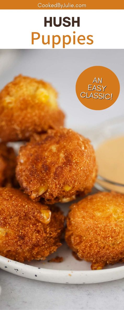 These hush puppies are sweet, flavorful, and super crispy! This classic appetizer is made with buttermilk, corn kernels, and Jiffy mix. Serve this easy recipe as an appetizer, side, or snack! Hush puppies are generally served with fried seafood or other fried foods for a full, comforting fried meal. Click through for all the details! Corn Hush Puppies, Easy Hush Puppy Recipe, Spicy Corn Dip, Hush Puppies Recipe, Fried Seafood, Jiffy Mix, Caramelized Onion Dip, Cream Corn, Honey Roasted Carrots