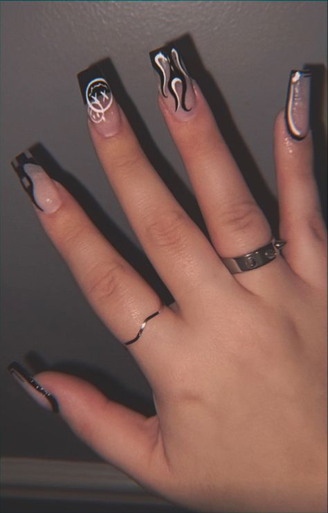 French Tip Fire Nails, Nail Flames Design, Nail With Flames, Prison Nails Design, Edgy Nails Acrylic Grunge Short, Nail Designs For Tomboys, Fall Flame Nails, Short Nails With Flames, Black Cartoon Nails