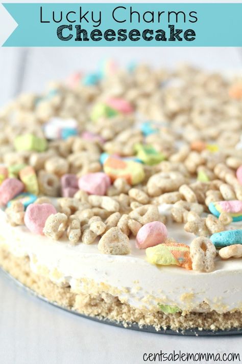 This no-bake Lucky Charms Cheesecake is not only delicious, but it adds a bit of whimsy to a St. Patrick's Day dessert recipe with Lucky Charms cereal mixed throughout the cheesecake.  Made with golden Oreos, Lucky Charms, and cheesecake batter, you can whip up this dessert in no time. #stpatricksday #recipes Lucky Charms Cheesecake, Lucky Charms Recipes, Cereal Desserts, St Patricks Day Craft, Lucky Charms Treats, St Patricks Food, St Patrick's Day Dessert, St Patrick's Day Desserts, Rice Crispy Treats Recipe