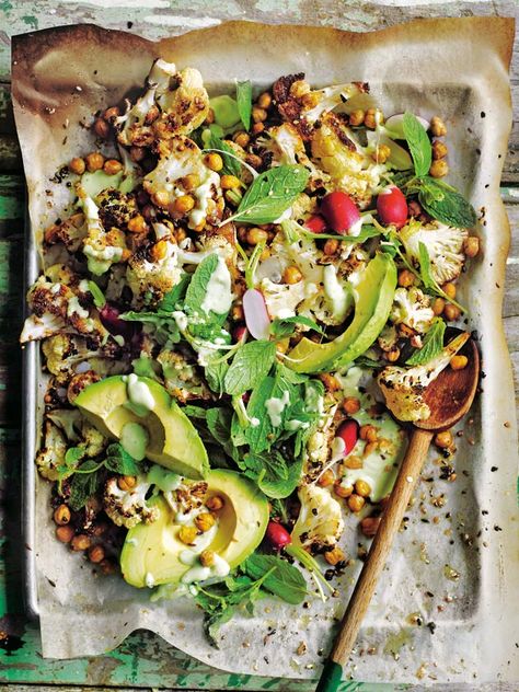 Dukkah Roasted Cauliflower Salad With Creamy Avocado Dressing | Donna Hay Salad With Avocado Dressing, Roasted Cauliflower Salad, Creamy Avocado Dressing, Salad With Avocado, Resep Salad, Avocado Dressing, Donna Hay, Cauliflower Salad, Idee Pasto Sano