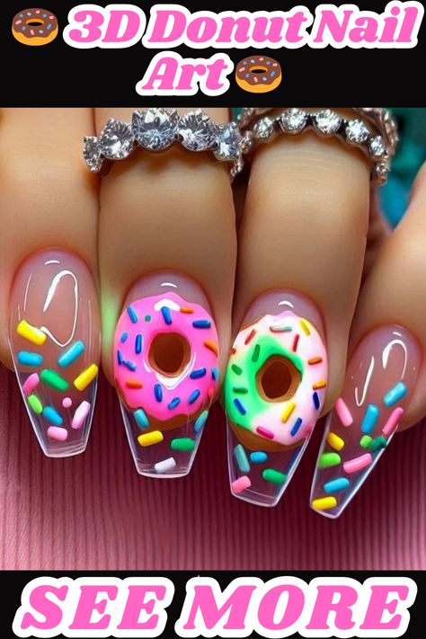 These adorable 3D donut nails are almost good enough to eat!   🤤 Get inspired and find more sweet nail designs on my website. 👉 www.hauserinfo.com,nailart,nails,naildesigns,nailinspo,manicure,beauty,fashion,style,gelnails ,acrylic nails,nail art designs,geometricnails,floralnails,frenchmanicure,ombrénails ,marblenails,summernails,winternails,holidaynails,weddingnails,valentinesnails ,rednails,pinknails,bluenails,nudenails,blacknails,springnails Glossy Donut Nails, Frosted Donut Nails, Doughnut Nails Design, Donut Nails Acrylic, 3d Donut Nail Art, Donut Nail Art, 3d Donut, Nails Nail Art Designs, Donut Nails