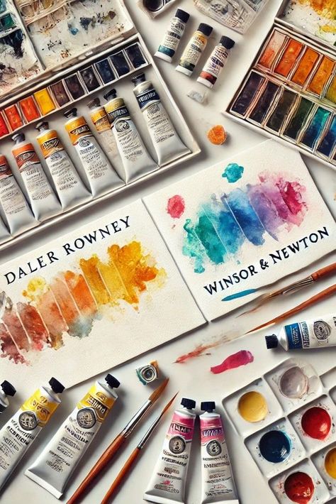 Side-by-side comparison of Daler Rowney and Winsor & Newton watercolor paints showing color swatches and paint quality for Daler Rowney vs Winsor & Newton. Daler Rowney Watercolor, Winsor Newton Watercolor, Watercolor Branding, Winsor And Newton, Winsor And Newton Watercolor, Daler Rowney, Winsor Newton, Travel Painting, Travel Sketches