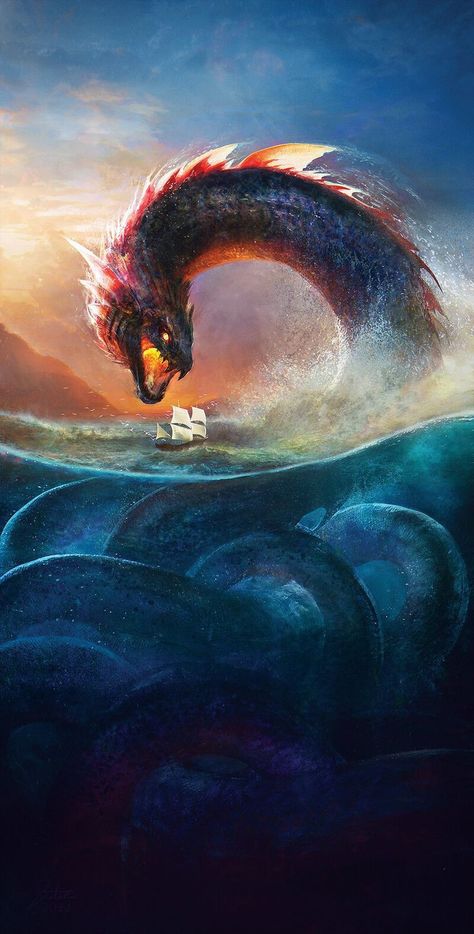 Fantasy Ocean Art, Giant Sea Serpent, Leviathan Art, Dragon Stories, Enchanted Ocean, Ocean Dragon, Ocean Creatures Art, Infinity Challenge, Sea Monster Art