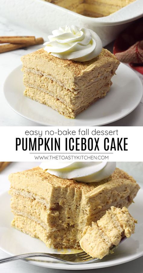 Pumpkin icebox cake recipe by The Toasty Kitchen. Pumpkin icebox cake is an easy, no-bake dessert to make this fall. Made with fluffy pumpkin mousse and layers of softened graham crackers. #pumpkin #nobake #nobakedessert #falldessert #thanksgiving #nocookdessert #pumpkiniceboxcake #iceboxcake #dessert Pumpkin Icebox Cake, Fall Desserts Pumpkin, Icebox Desserts, Brownie Desserts Recipes, Icebox Cake Recipes, Dessert To Make, Pumpkin Sugar Cookies, Pumpkin Mousse, No Bake Pumpkin Pie