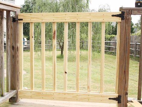 Deck Stair Gate, Build Your Own Deck, Deck Gate, Deck Building Plans, Deck Cost, Building Design Plan, Laying Decking, Wooden Gate, Modern Deck