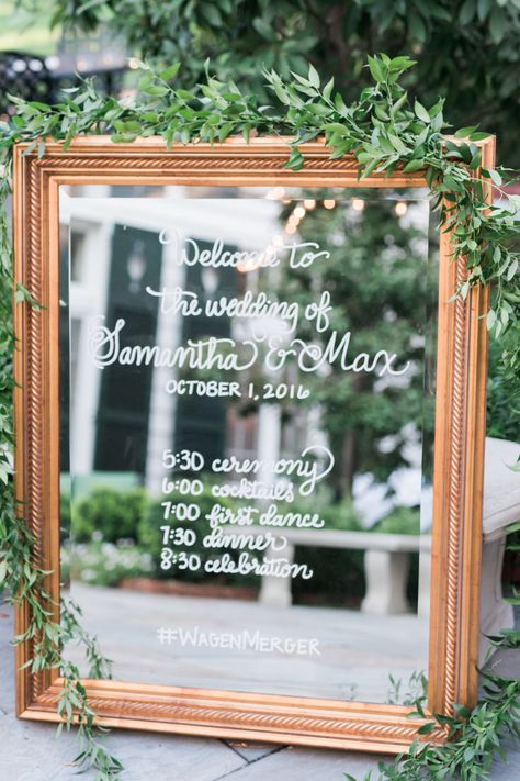 Wedding Schedule Sign Mirror, Mirror Wedding Timeline, Wedding Timeline Mirror, Wedding Barrel, Reception Aesthetic, Mirror Wedding Signs, Barrel Flowers, Duke Mansion, Southern Mansions