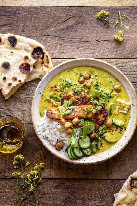 Summer Coconut Chickpea Curry with Rice and Fried Halloumi | halfbakedharvest.com #coconut #vegan #curry #easyrecipes #summer Halloumi Rice, Coconut Chickpea Curry, Coconut Chickpea, Curry With Rice, Chickpea Coconut Curry, Fried Halloumi, Pizza Muffins, Vegan Curry, Chickpea Curry