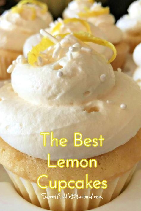 Photo of a Lemon Cupcakes baked and frosted on a white cupcake tray. Best Lemon Cupcakes, Lemon Filled Cupcakes, Easy Lemon Cupcakes, Deserts Recipes, Lemon Cupcake Recipe, Lemon Cupcake, Coconut Dessert, Cake Rolls, Lemon Frosting