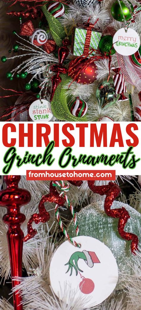 DIY Grinch Christmas ornaments featuring the text "Christmas Grinch ornaments". Grinch Ornaments Diy How To Make, Grinch Christmas Ornaments Diy, Grinch Ornaments Diy, Diy Grinch Ornaments, Green Christmas Tree Decorations, Diy Christmas Decorations For Home, Grinch Christmas Tree, Grinch Ornaments, Grinch Christmas Decorations