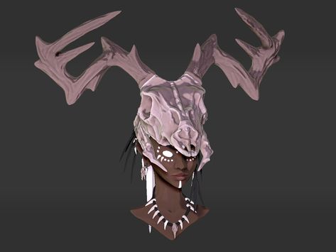 Deer Skull Headress by Igor Odi Deer Skull Character, Deer Mask Drawing, Deer Skull Mask Character Art, Druid Headpiece, Deer Skull Mask, Mask Character, Deer Mask, Idea Drawing, Zbrush Character