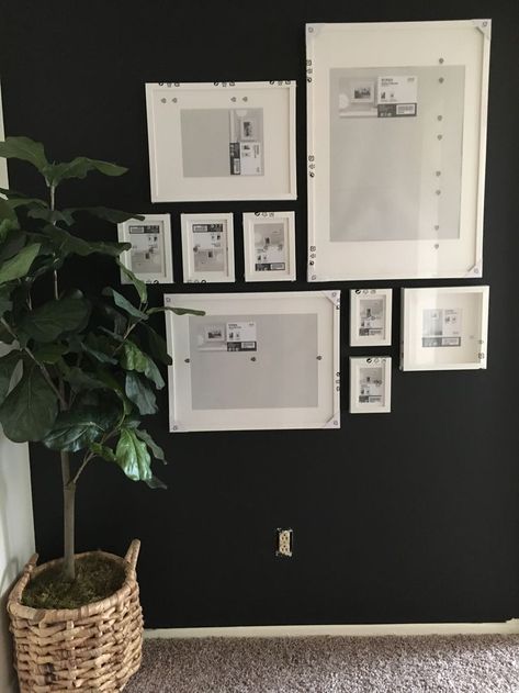 Top Of Stairs Wall Decor, Ikea Gallery Wall, Frame Wall Layout, Gallery Wall Stairs, Ikea Picture Frame, Black Accent Wall, Wall Layout, Staircase Wall Decor, Frame Wall Collage