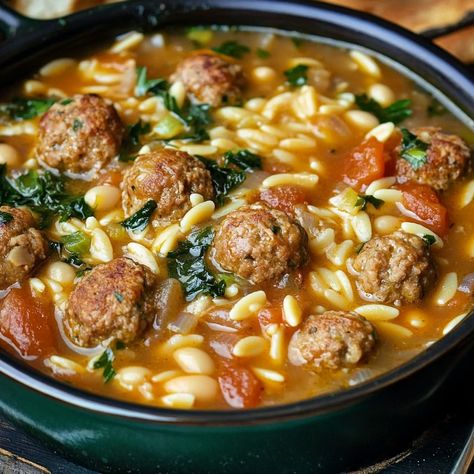 When you're craving comfort food that warms you from the inside out, this Hearty Meatball Stew with Orzo and White Beans is the answer. Combining tender meatballs, flavorful orzo, and Meatball Stew Recipe, Mini Crockpot Recipes, Creamy White Beans, Meatball Stew, Pot Making, Grandma Cooking, Orzo Soup, Mediterranean Kitchen, Meatball Soup