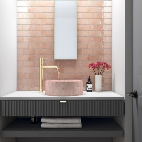 Colourful wall tiles in three formats Latest Bathroom, Bad Inspiration, Ceramic Subway Tile, Pink Tiles, Colored Ceiling, Benjamin Moore Colors, Zellige Tile, Brick Tiles, Tile Stores