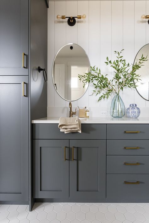 Roycroft Pewter by Sherwin Williams Roycroft Pewter, Media Room Paint Colors, Grey Bathroom Cabinets, Painting Bathroom Cabinets, Home Bunch, Master Bath Remodel, Boys Bathroom, Up House, Girls Bathroom