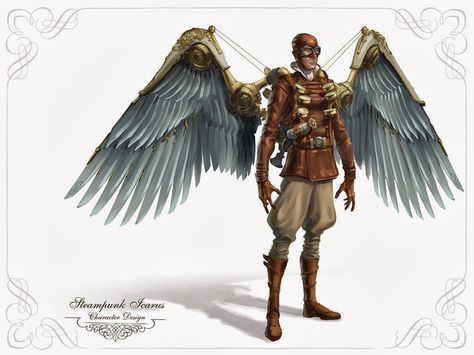 Inspiration Strikes!: Story Seed - Icarus 2.0 Steampunk Wings Tattoo, Wings Inspiration, Flying Man, Airship Art, Steampunk Wings, Steampunk Character, Steampunk Illustration, Steampunk Vehicle, Steampunk Bag