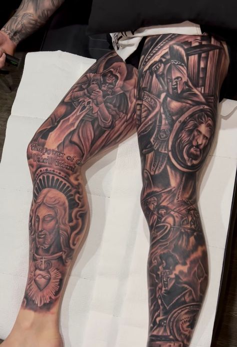 Christian Leg Sleeve Tattoos, Religious Leg Sleeve Tattoo, Greek Leg Sleeve, Thigh Tattoos Women Black, Angel Sleeve Tattoo, Tattoo Perna, Roman Tattoo, Shin Tattoo, Tatted Men