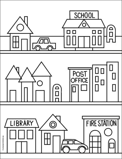 Easy How to Draw Your Neighborhood Tutorial and Coloring Page My Community Crafts Preschool, Community Places Preschool, Community Places Preschool Activities, Community Neighborhood, Arts Preschool, Neighborhood Activities, Town Drawing, Cityscape Architecture, Community Places