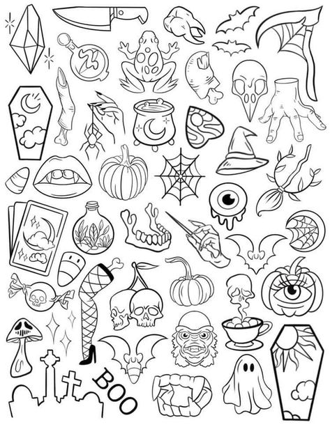 Cool Japanese Tattoos, Simple Tattoo Flash Sheet, Witchy Flash Tattoo, 90s Flash Tattoo, Friday 13 Tattoo Ideas, Friday The 13th Tattoo Flash, Spooky Flash, Friday The 13th Flash, Halloween Tattoo Flash