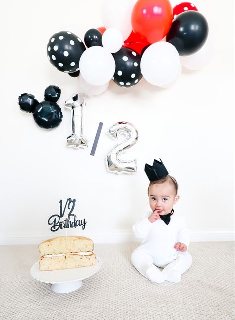 Half birthday celebration Mickey Mouse themed. I was able to snag the cake topped on Amazon. #amazon #mickeymouseparty #mickey #baby #6monthsold Half Birthday Cakes, 6 Month Photos, Mickey Baby, Half Birthday, 2 Birthday, Mickey Mouse Party, Cake Toppings, Baby Photoshoot, Photoshoot Ideas