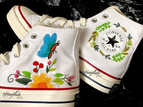 ✅ A MEANING GIFT. When you order our embroidered SHOES, you're buying something extraordinary - whether it's for yourself or your loved ones for Birthdays, Mother's Day, Valentine's Day, Holidays thanksgiving, Christmas, New Year, Lunar New Year. ✅ UNIQUE PRODUCTS. Our products are handmade with natural ingredients; Embroidery SHOES will vary in size, color, and pattern from item to item. They make our works truly unique. ✅ HANDMADE WITH LOVE, CARE & SHARE. We are pleased to present to you exqui Butterflies And Sunflowers, Custom Converse High Tops, Embroidered Sunflowers, Embroidery Converse, Converse Embroidery, Trash Dump, Chuck Taylor Shoes, Embroidered Converse, Converse Custom