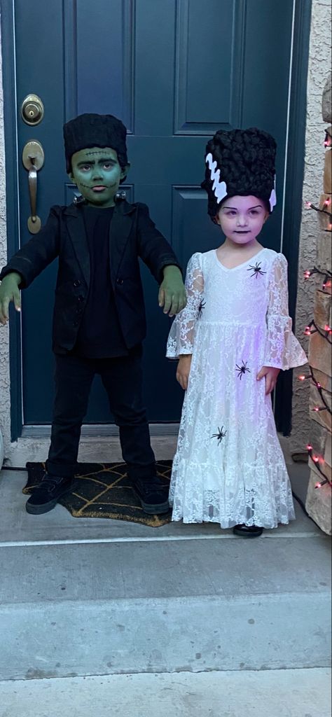 Frankenstein And Frankenstein Bride Costume, Halloween Costumes For Brother Sister, Kid Frankenstein Costume, Frankenstine And Bride, Halloween Monster Costumes, Frankenstein Costume Kids Diy, Frankenstein Family Costume Ideas, Frankenstein Kids Costume, Frankenstein Toddler Costume