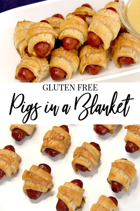 Gluten Free Pigs in a Blanket Snacks For Party Gluten Free, Book Club Snack Ideas, Gf Pigs In A Blanket, Pigs In A Blanket Recipe Gluten Free, Gluten Free Tailgate Food, Gluten Free Sliders, Dairy Free Gluten Free Appetizers, Gluten Free Pigs In A Blanket, Gluten Free Pigs In A Blanket Bisquick