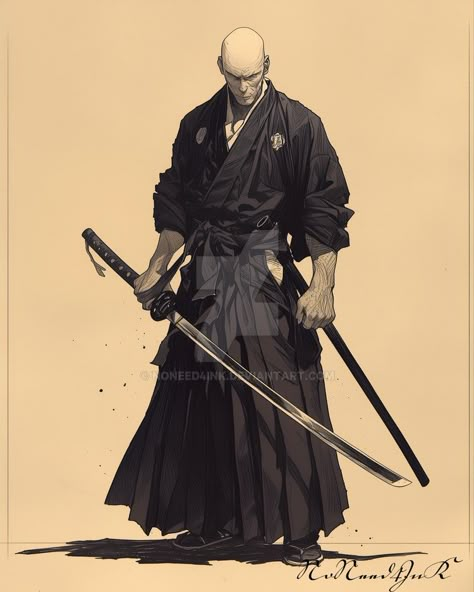 Old Samurai Character, Martial Arts Clothing Character Design, Ronin Attire, Samurai Outfit Character Design, Japanese Character Design Male, Shogun Drawing, Samurai Oc Male, Ronin Character Design, Shogunate Japan