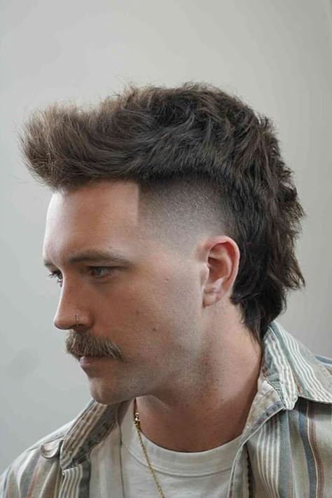 mullet fade with quiff haircut for men High Fade Mullet Haircut Mens, Quiff Mullet, Trendy Haircut For Men, Men's Mullet, Mens Mullet, Mens Quiff, Mullet Haircuts, Mullet Fade, Haircut For Men