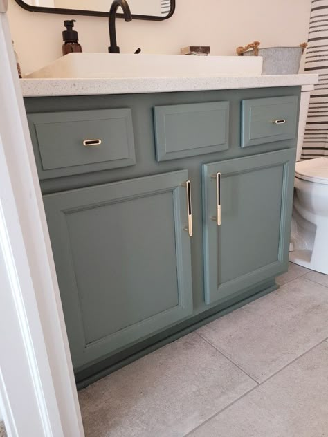 Half Bath Cabinet Color, Teal Bathroom Cabinets, Small Bathroom Cabinet Paint Colors, Blue Green Bathroom Vanity, Bathroom Teal Vanity, Teal Cabinets Bathroom, Mint Bathroom Vanity Paint Colors, Bold Bathroom Cabinet Colors, Teal Vanity Bathroom