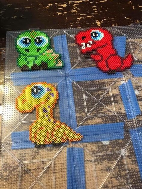 Perler Dinosaur, Dino Perler Beads, Dinosaur Perler Bead Pattern, Dinosaur Perler Beads, Pony Bead Crafts, Pearl Beads Pattern, Hama Beads Design, Perler Bead Templates, Perler Crafts