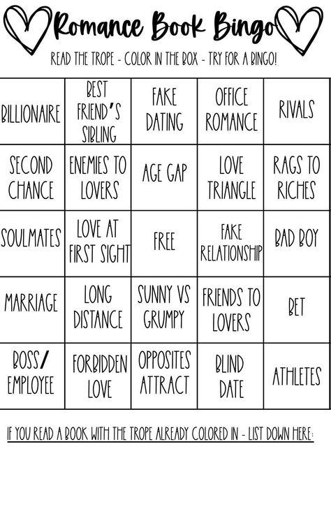 For all the Romance lovers this bingo card is for you!  - This is a printable romance bingo card perfect for highlighting all the sweet stories you read! - Playing is simple, if you read a book that is based on that specific trope, color it in your bingo card! See if you can collect them all, or just get a bingo! Happy Playing! Romance Book Club Ideas, Romance Book Bingo, Book Bingo Challenge, Books Bingo, Romance Books Aesthetic, Reading Bujo, Book Bingo, Bingo Books, Bookstagram Ideas