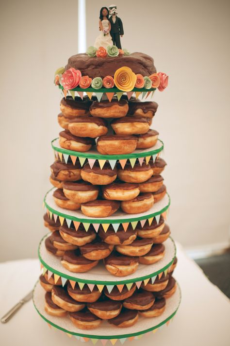 Donut Tower... and a Stormtrooper!!! How To Make A Donut Cake Tower, Wedding Doughnut Tower, Donut Hole Tower Birthday, Doughnut Hole Tower, Doughnut Wedding Cake, Krispy Kreme Wedding Cake Donut Tower, Donut Wedding Cake, Bride Cake Topper, Donut Tower