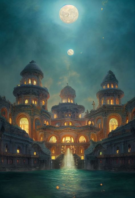 Fae Palace, Fae Castle, Elven Castle, Fae Kingdom, Water Fae, Dragon Sanctuary, Fantasy Landscape Art, Water Kingdom, Kingdom Aesthetic