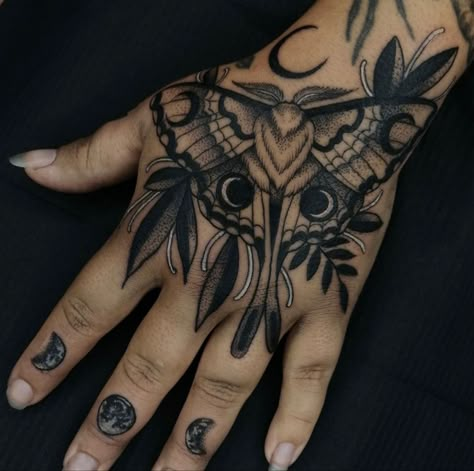 Moth On Hand Tattoo, Hand Tattoos For Witches, Lunar Moth Hand Tattoo, Hand Moth Tattoo, Botanical Moth Tattoo, Luna Moth Hand Tattoo, Moth Tattoo Hand, Moth Sleeve Tattoo, Harry Styles Moth Tattoo