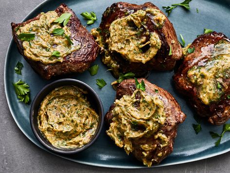 Slathered with umami-rich anchovy butter, these tender lamb steaks make a decadent and quick-cooking weeknight dinner. Get the recipe at Food & Wine. Lamb Steak Recipes, Anchovy Butter, Lamb Steak, Slow Roasted Lamb Shoulder, Savoury Treats, Brand Food, Slow Roast Lamb, Lamb Steaks, Wine Food