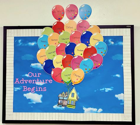 Beginning School Year Bulletin Boards, Disney Up Bulletin Board, Up Themed Bulletin Board Ideas, New School Year Bulletin Board Ideas, Bulletin Board Ideas Beginning Of Year, Up Theme Bulletin Board, Preschool Beginning Of The Year Bulletin, Disney Bulletin Boards Classroom Themes, Welcome Boards For School