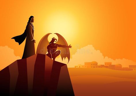 Satan tempts Jesus in the wilderness royalty free illustration Jesus In The Wilderness, Temptation Of Jesus, Jesus Tempted, Jesus Temptation, Rebuilding The Temple, Plagues Of Egypt, Jesus Christ Illustration, Chariots Of Fire, Rather Questions