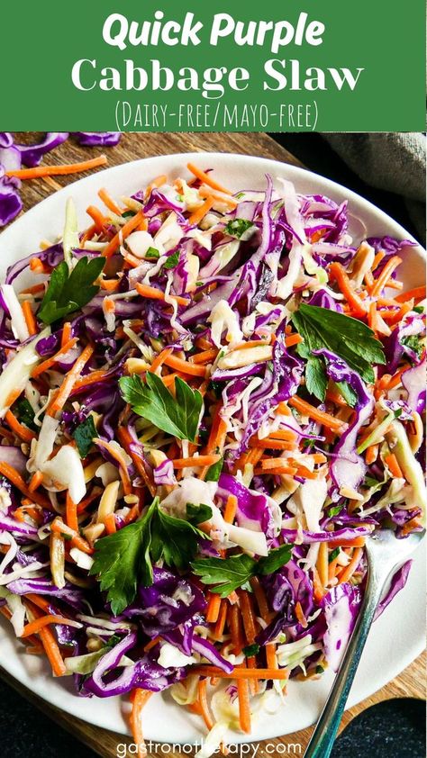 Purple cabbage slaw arranged on a plate. Healthy Slaw, Lemon Cream Sauce Pasta, Purple Cabbage Slaw, Baked Buffalo Cauliflower, Healthy Coleslaw, Resep Salad, Slaw Recipe, Whole Roasted Cauliflower, Purple Cabbage