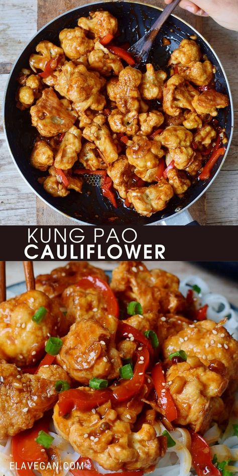 This Kung Pao Cauliflower is a delicious stir-fry which is spicy, hearty, satisfying, and comforting. It's a great meat-free Chinese takeout alternative to Kung Pao Chicken! The Kung Pao sauce has the perfect combination of spicy, salty and sweet flavors which will make your mouth water. The recipe is vegan, gluten-free, low in fat and calories, and can be made oil-free! #kungpao #kungpaocauliflower #veganstirfry #spicydinner #glutenfreevegan #elasrecipes | elavegan.com Low Calorie Hearty Meals, Healthy Takeout, Low Calorie Vegetarian Recipes, Vegan Asian Recipes, Mapo Tofu, Healthy Superfoods, Chinese Takeout, Vegan Cauliflower, Potato Sides