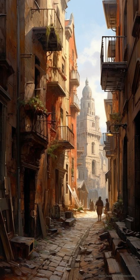 Fantasy Trading City, Urban Fantasy Setting, Run Down Fantasy City, Victorian Fantasy City, Fantasy City Street, Urban Fantasy City, Urban Fantasy Aesthetic, Raphael Lacoste, Serge Marshennikov