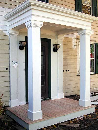 Portico Entry, Front Door Overhang, Front Porch Addition, Door Overhang, Veranda Design, Front Porch Columns, Portico Design, Colonial House Exteriors, Porch Remodel