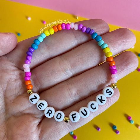 ZERO FUCKS Swear Word Colorful Stretchy Bracelet Funny - Etsy Pottstown Pennsylvania, Diy Kandi Bracelets, Pony Bead Bracelets, Homemade Bracelets, Pride Bracelet, Swear Word, Anime Jewelry, Blue Beaded Bracelets, Kandi Bracelets