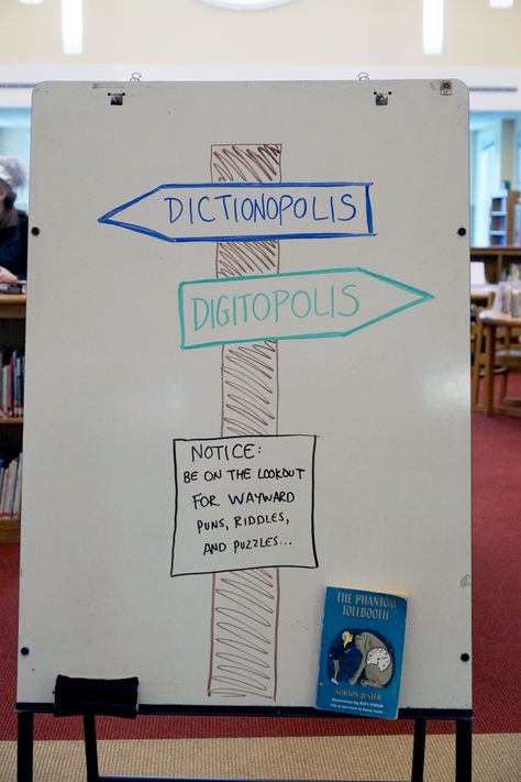 Phantom Tollbooth Activities, Phantom Tollbooth, The Phantom Tollbooth Activities, Look Who Got Caught Reading Board, Scholastic Book Fair Games, Third Grade Book Clubs, The Phantom Tollbooth, Book Tasting, Library Games