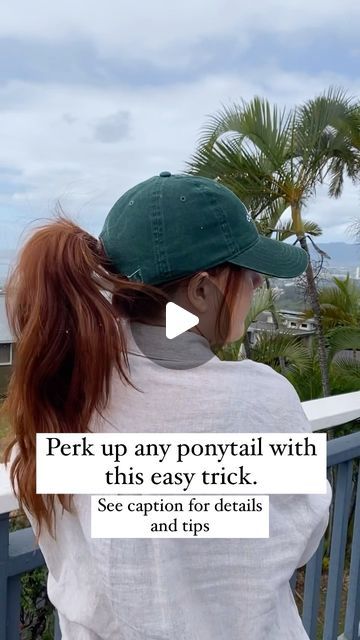 Emily Holland on Instagram: "Perk up any ponytail with this easy trick. Share this to your stories for your friends! We are taking the kids to the zoo today here in Hawaii so this is the perfect hair style that still cute! See details and tips below👇🏼  Step 1) If wearing a hat, place the hat on first and pull the hair through the hat loop. Pull out pieces around the faces at this point.   Step 2) Place the hair in an elastic and tighten ;)   Step 3) split that ponytail in half and place another elastic around that second ponytail.   Step 4) tighten and perk up the ponytail by pulling the hair up to lift.   His trick makes you ponytail look longer and so cute. A basic ponytail but BETTER." Hat And Ponytail Outfit, Hat Ponytail Hack, Lazy Ponytail Hairstyles, Ponytail In Hat, Ponytail Hat Hairstyles, Hat Ponytail Hairstyles, Hat And Ponytail, Ponytail With Hat, Sporty Ponytail