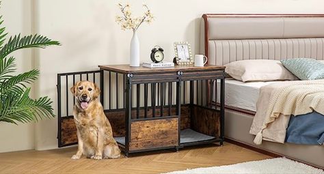 Heavy-duty wooden decorative furniture dog crate with double doors. Indoor Sliding Doors, Heavy Duty Dog Kennel, Furniture Style Dog Crate, Crate End Tables, Heavy Duty Dog Crate, Wooden Dog Crate, Large Dog Crate, Dog Crate Furniture, Wire Dog Crates